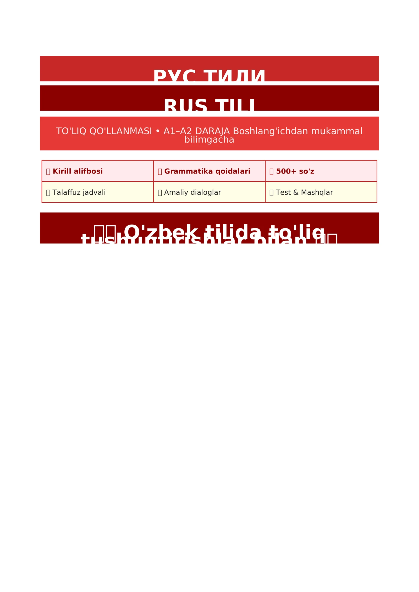 Rus tilidan A1 va A2 daraja uchun qoʻllanma,500+ lugʻat va gramatikani oʻz ichiga oladi