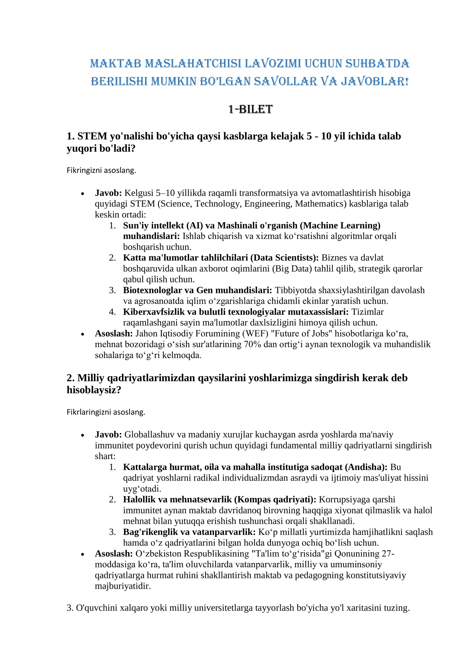 Maktab maslahatchisi lavozimi uchun suhbat savollari