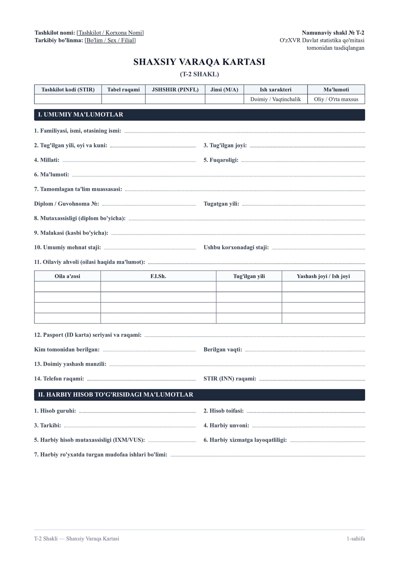T-2 Shaklidagi Shaxsiy Varaqa Kartasi | Xodimlar uchun