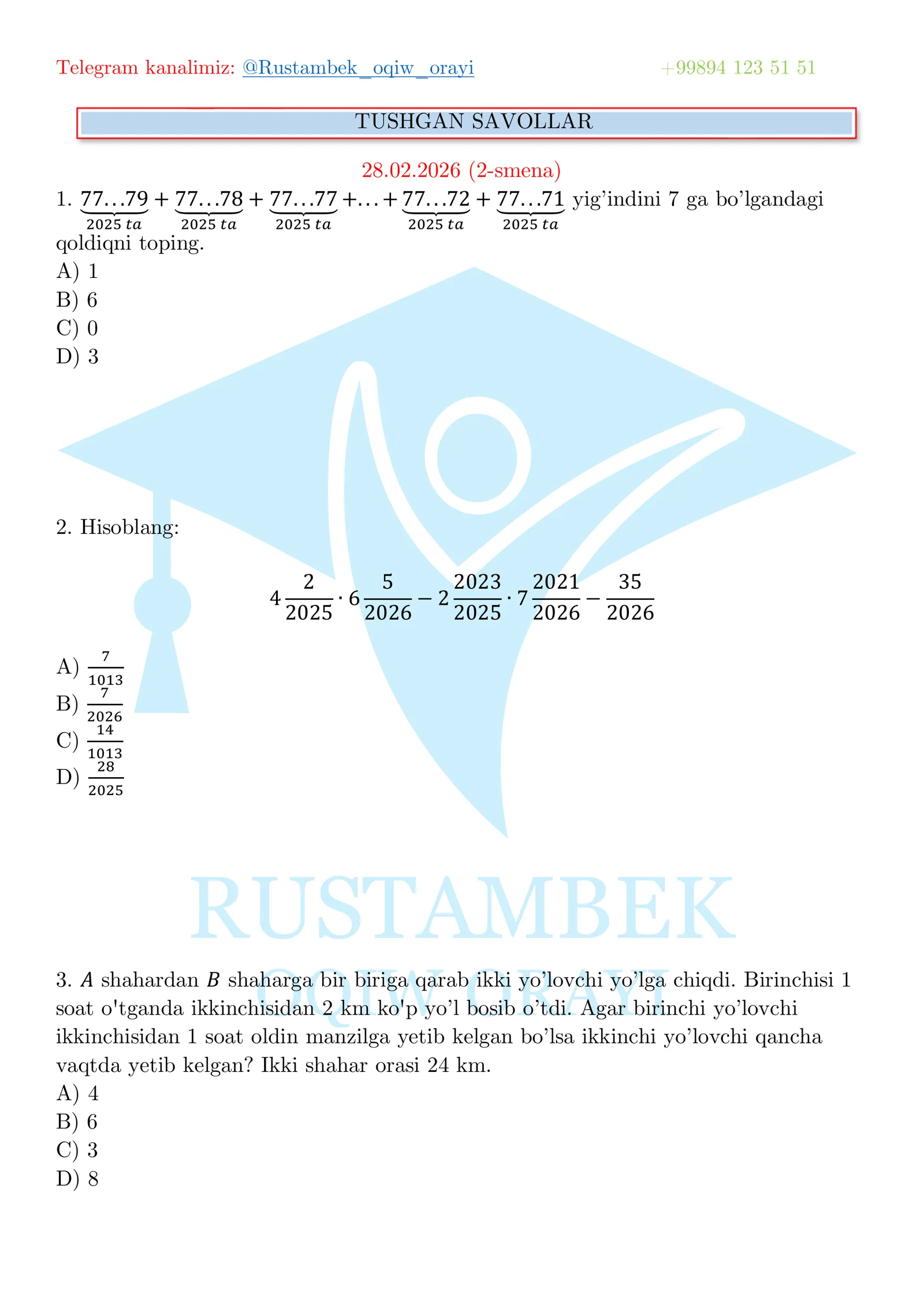 Matematika milliy sertifikat 2026 savollari