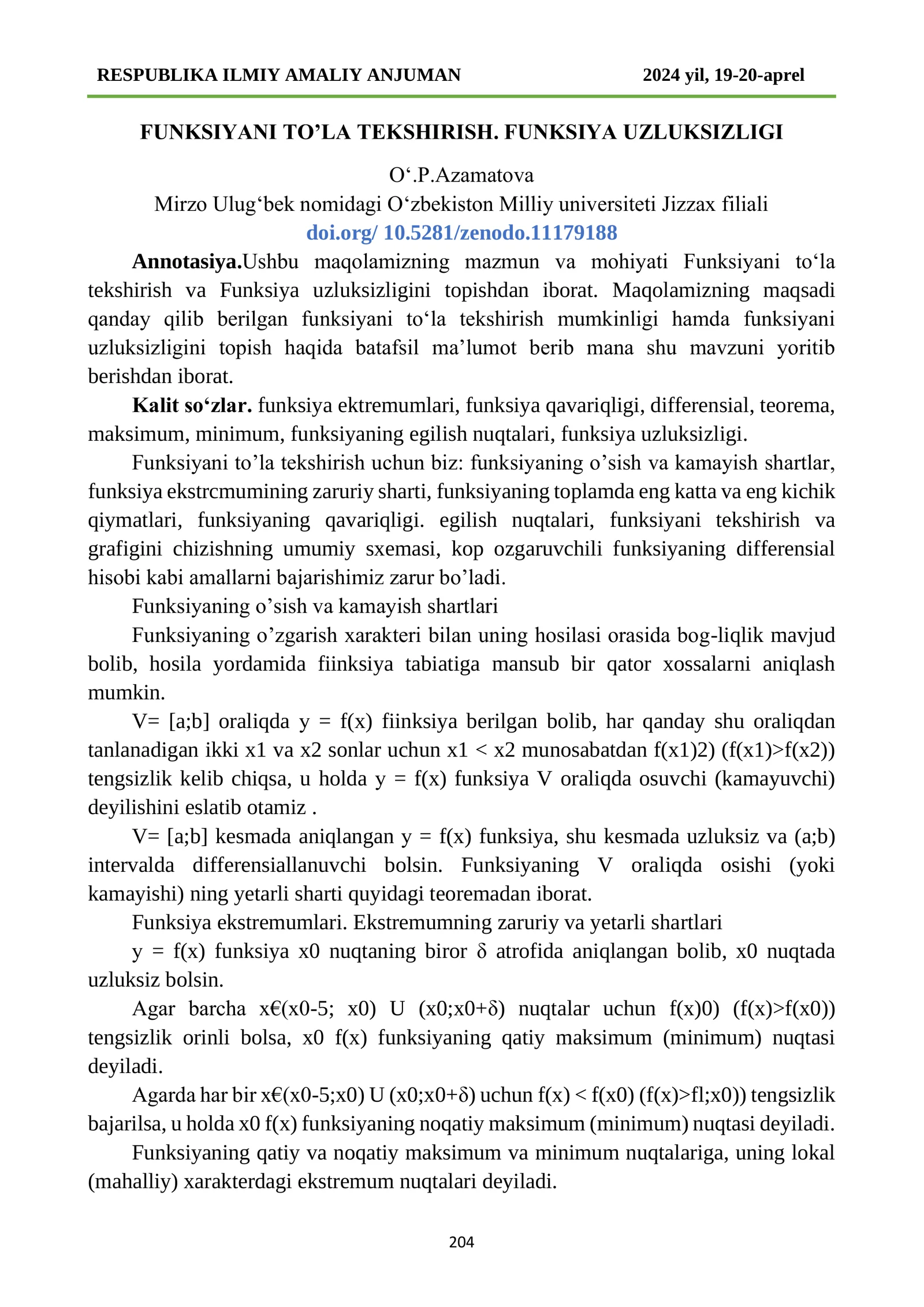 FUNKSIYANI TO’LA TEKSHIRISH. FUNKSIYA UZLUKSIZLIGI