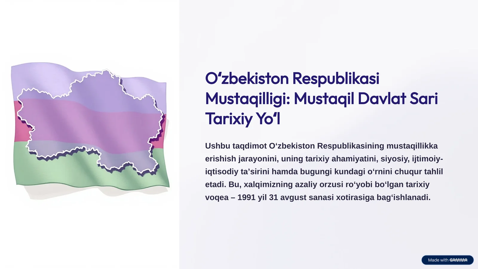 Oʻzbekiston Respublikasining mustaqillikka erishish jarayonini, uning tarixiy ahamiyatini, siyosiy, ijtimoiy-iqtisodiy taʼsirini hamda bugungi kundagi oʻrnini chuqur tahlil etadi. Bu, xalqimizning azaliy orzusi roʻyobi boʻlgan tarixiy voqea – 1991 yil 31 avgust sanasi xotirasiga bagʻishlanadi.