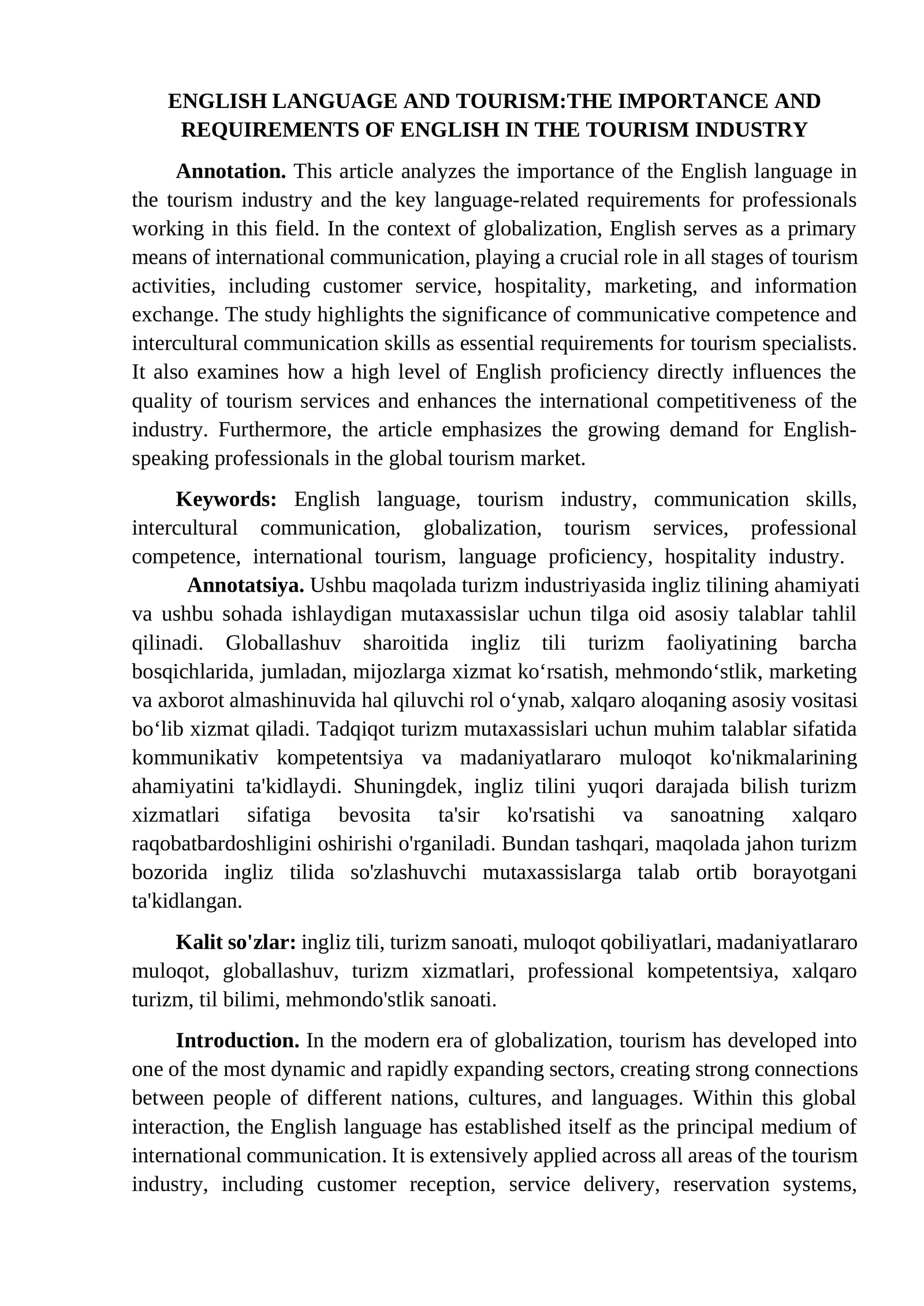 ENGLISH LANGUAGE AND TOURISM:THE IMPORTANCE AND REQUIREMENTS OF ENGLISH IN THE TOURISM INDUSTRY