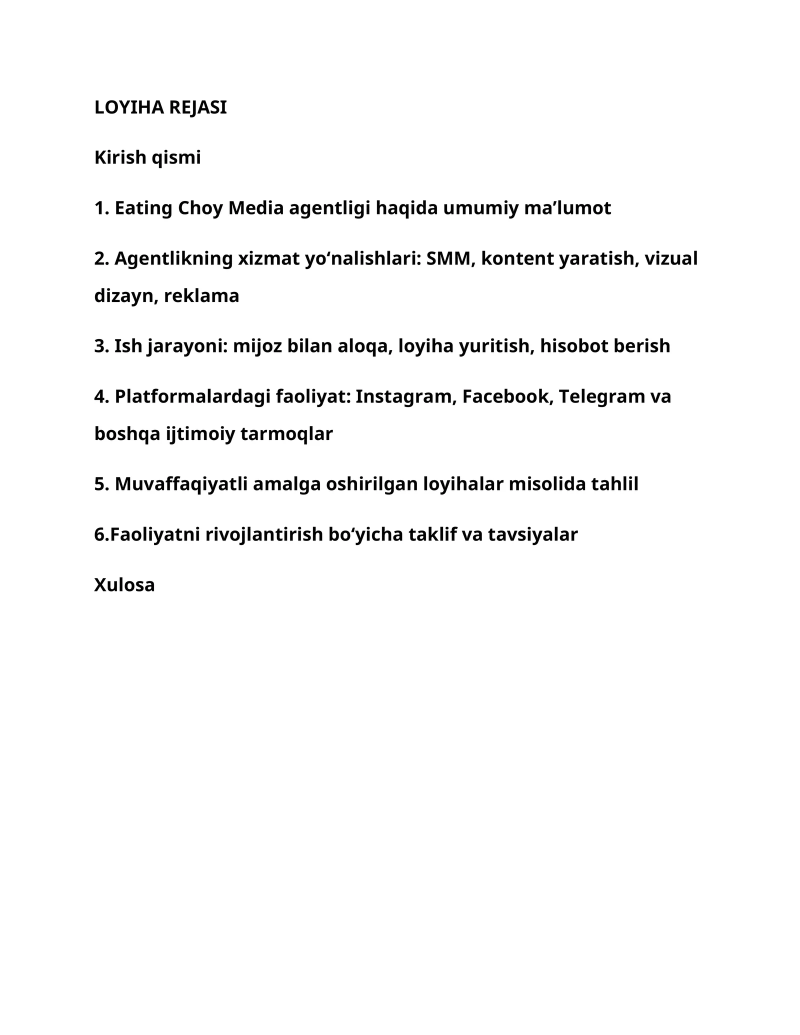 "Eating Media-choy" agentligi korxonasining ish LOYIHA REJASI