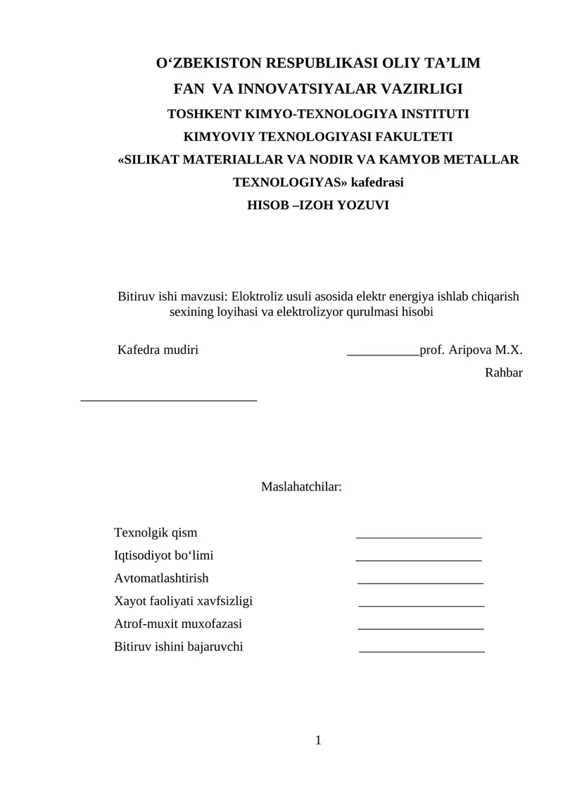Eloktroliz usuli asosida elektr energiya ishlab chiqarish sexining loyihasi va elektrolizyor qurulmasi hisobi