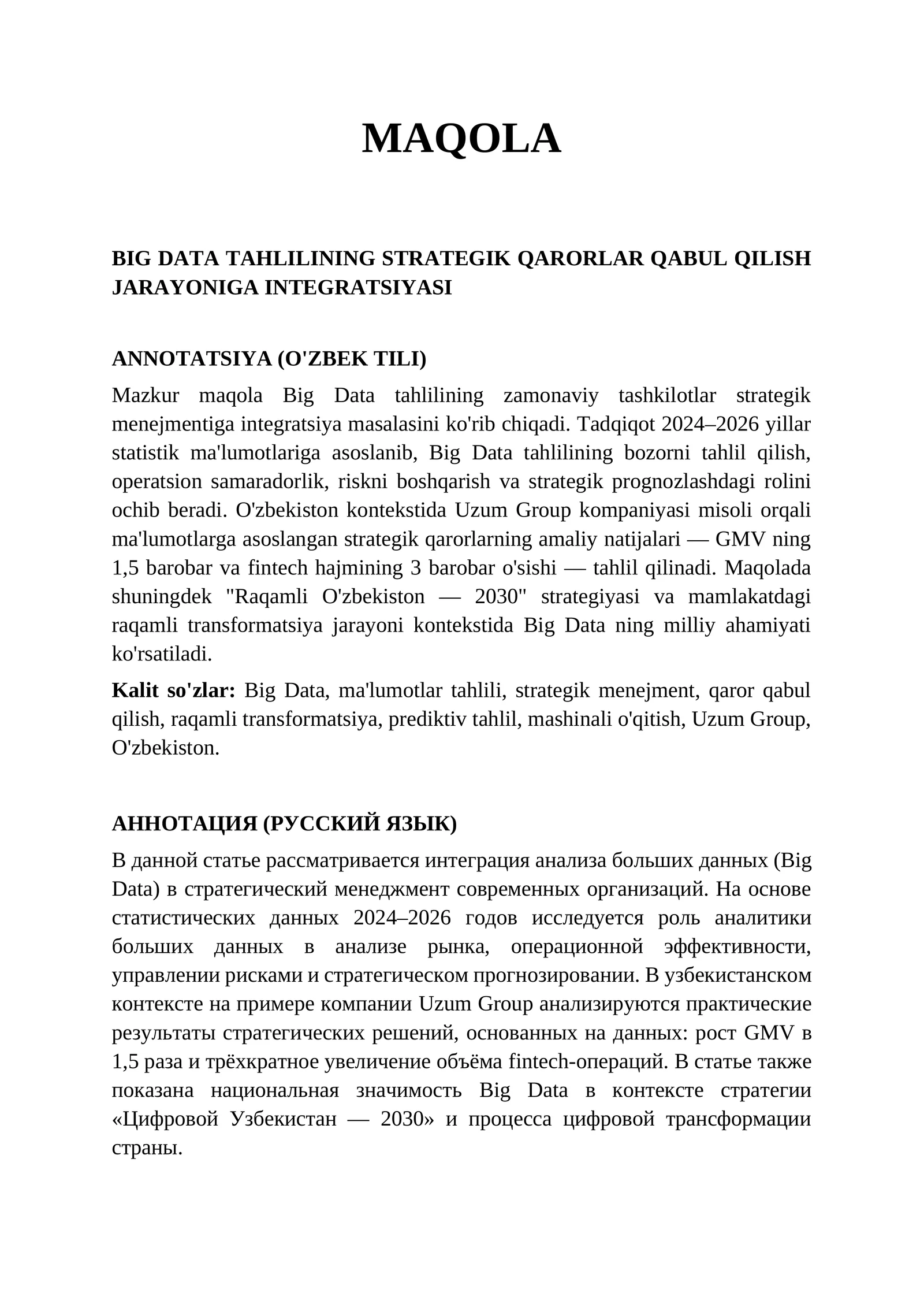 Big Data tahlilining strategik qarorlar qabul qilish jarayoniga integratsiyasi