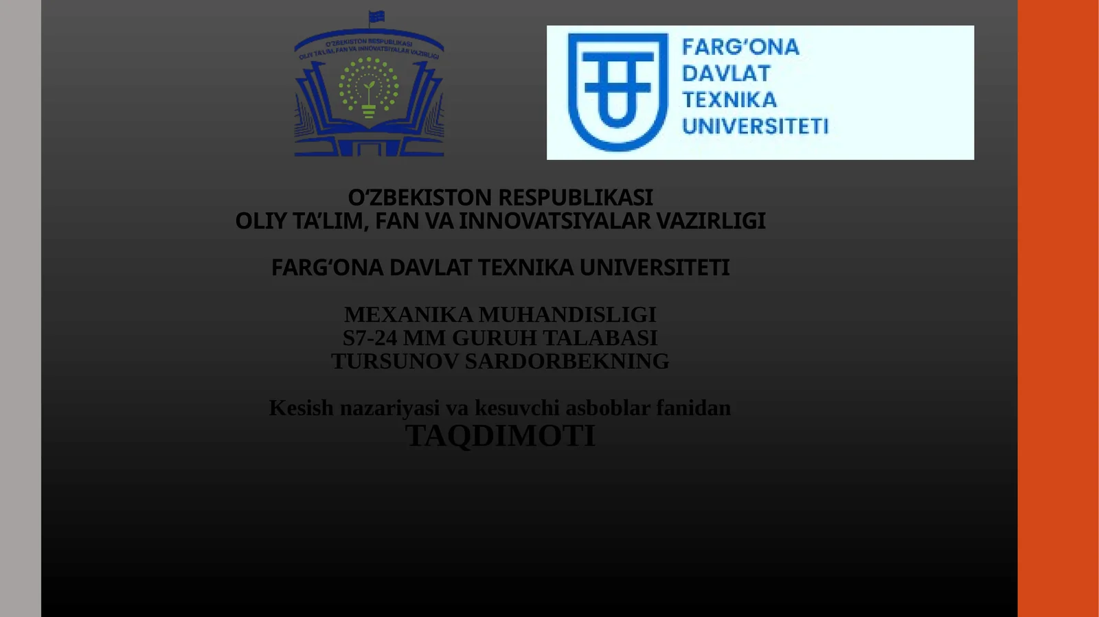 Kesish nazariyasi va kesuvchi asboblar fanidan TAQDIMOTI