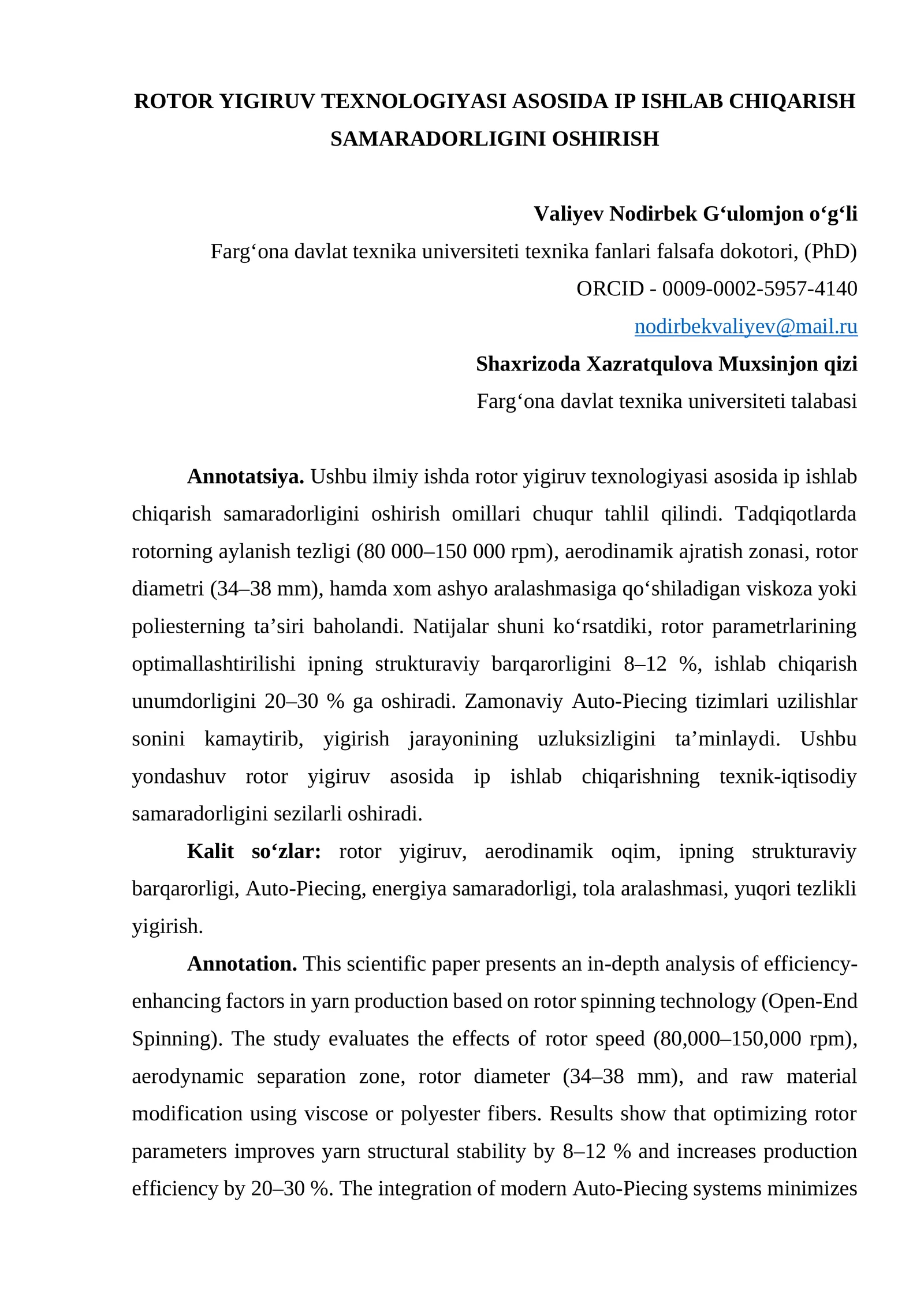 ROTOR YIGIRUV TEXNOLOGIYASI ASOSIDA IP ISHLAB CHIQARISH SAMARADORLIGINI OSHIRISH