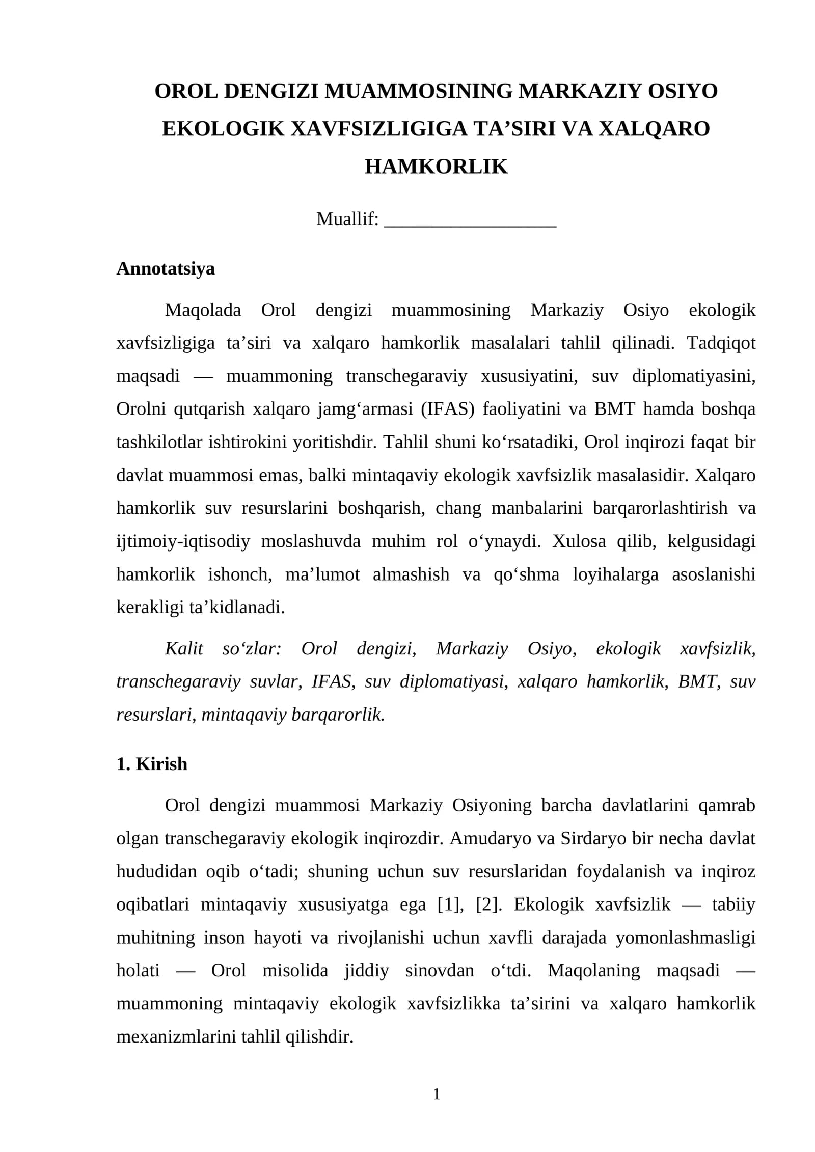 OROLBO‘YI HUDUDIDA EKOLOGIK MUAMMOLARNI KAMAYTIRISH VA TABIIY MUHITNI TIKLASH CHORALARI