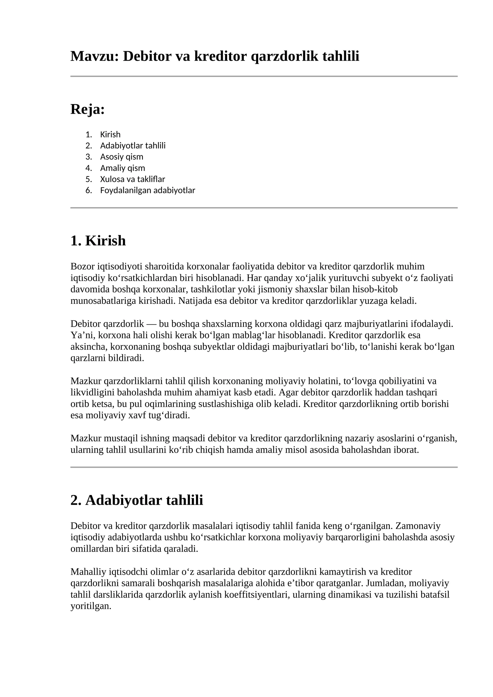 Debitor va kreditor qarzdorlik tahlili