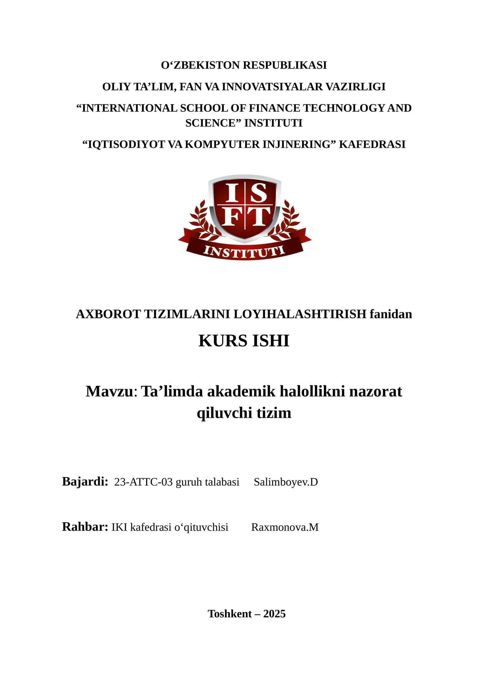 Ta’limda akademik halollikni nazorat qiluvchi tizim. KURS ISHI