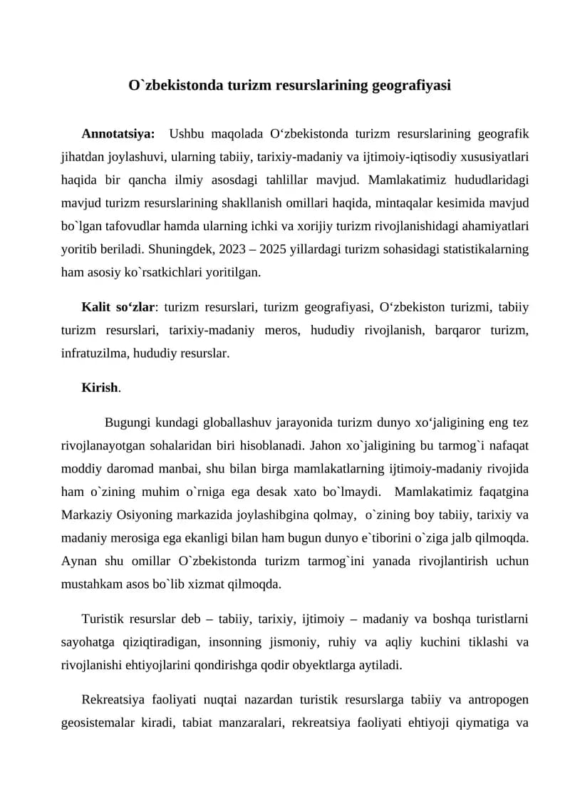 O`zbekistonda turizm resurslarining geografiyasi