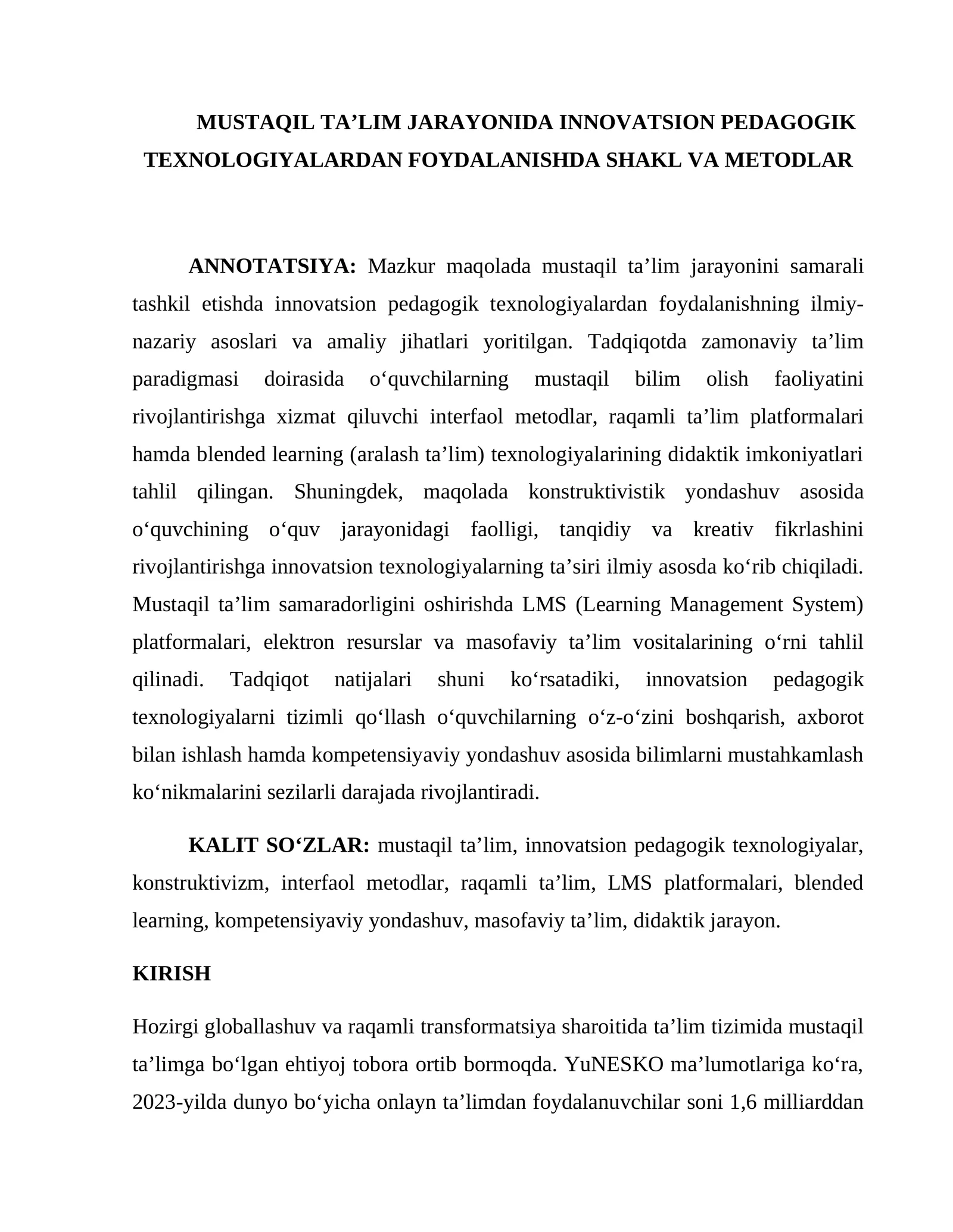 MUSTAQIL TA’LIM JARAYONIDA INNOVATSION PEDAGOGIK TEXNOLOGIYALARDAN FOYDALANISHDA SHAKL VA METODLAR