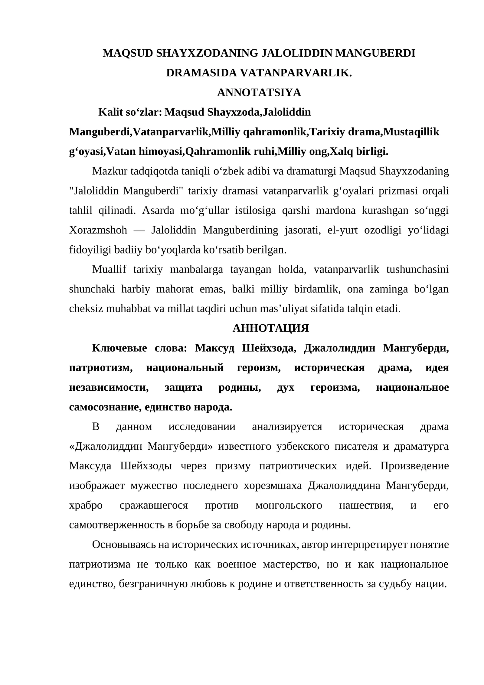 MAQSUD SHAYXZODANING JALOLIDDIN MANGUBERDI DRAMASIDA VATANPARVARLIK.