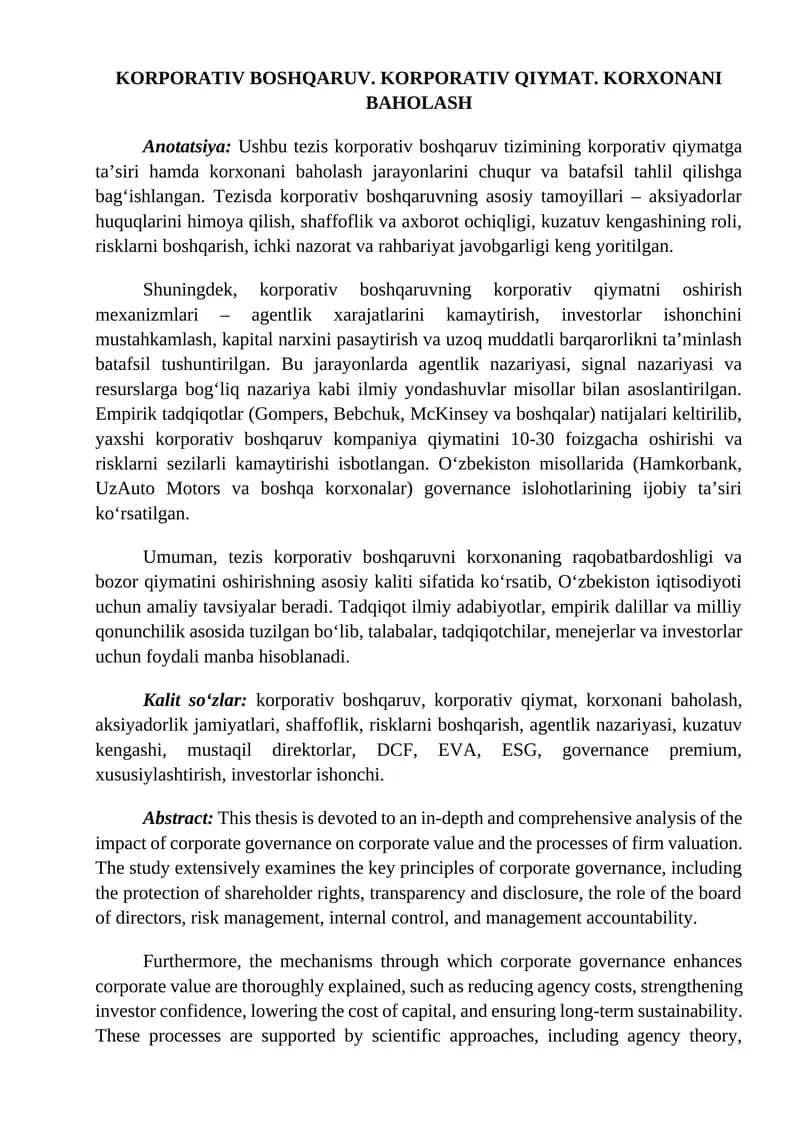 Korporativ boshqaruv. Korporativ qiymat. Korxonani baholash tezis