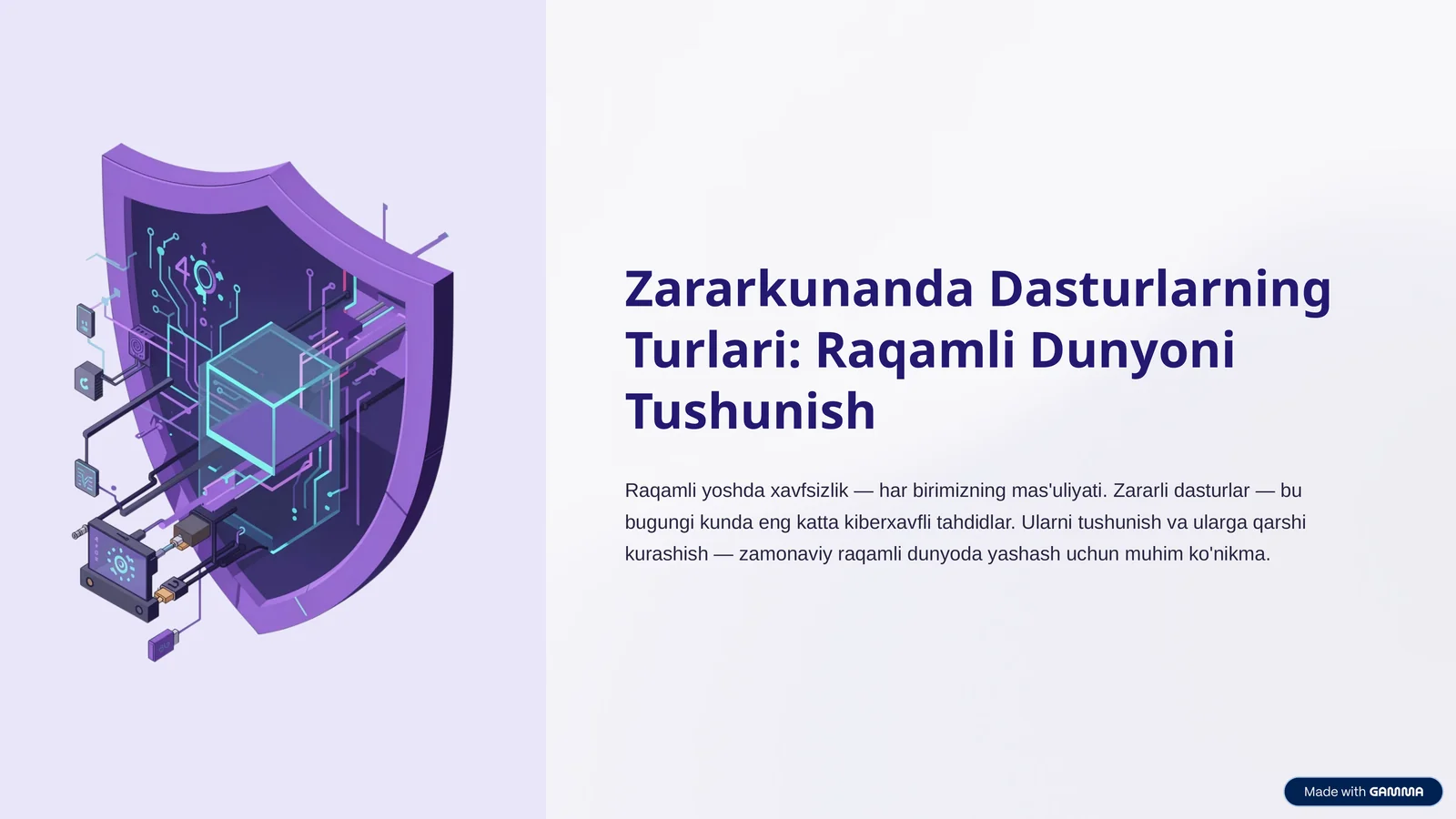 Kiberxavfsizlik fanidan "Zararkunanda Dasturlarning Turlari" mavzusiga prezentatsiya