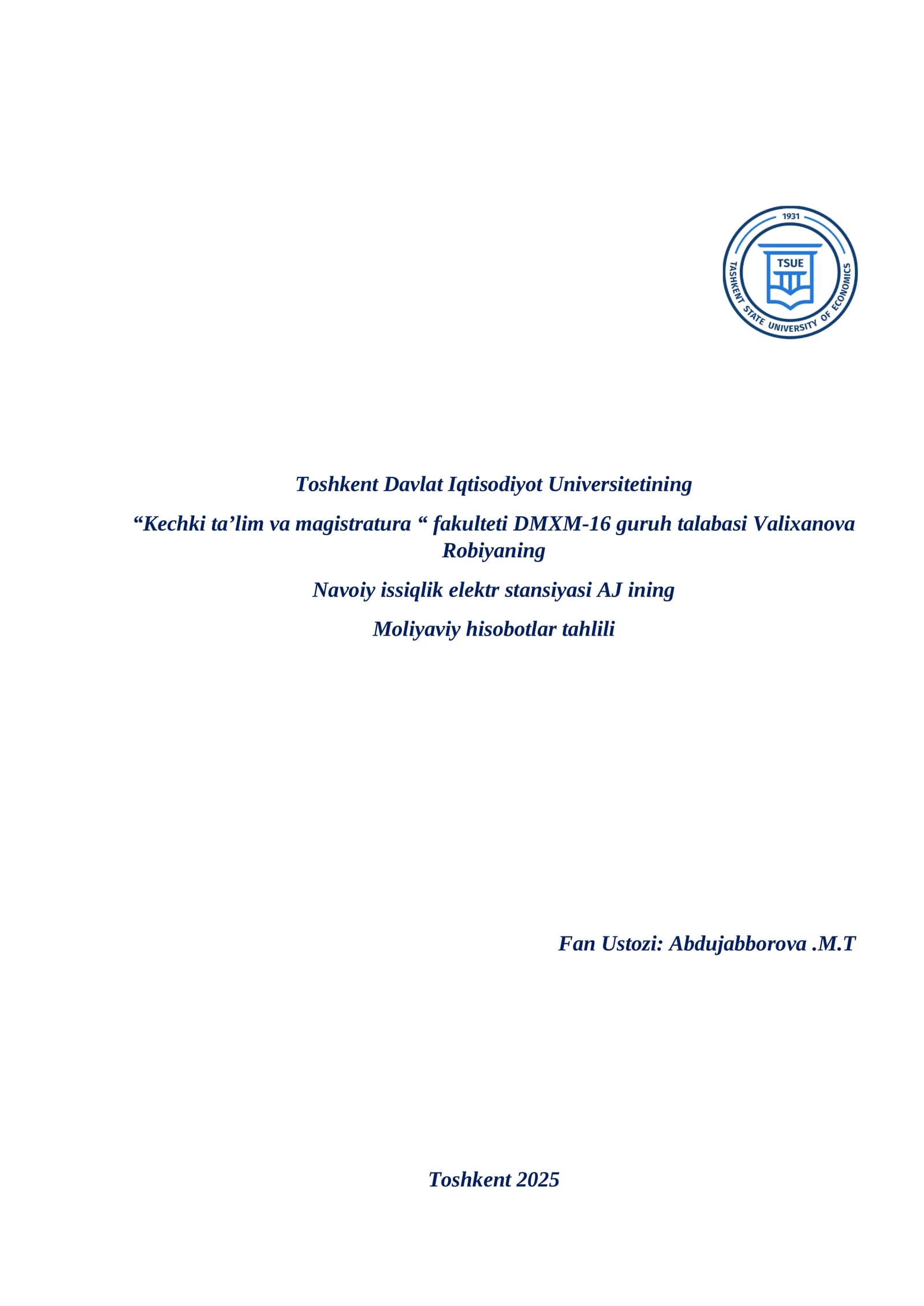 Navoiy issiqlik elektrstansiyasining AJ ning moliyaviy tahlil hisoboti