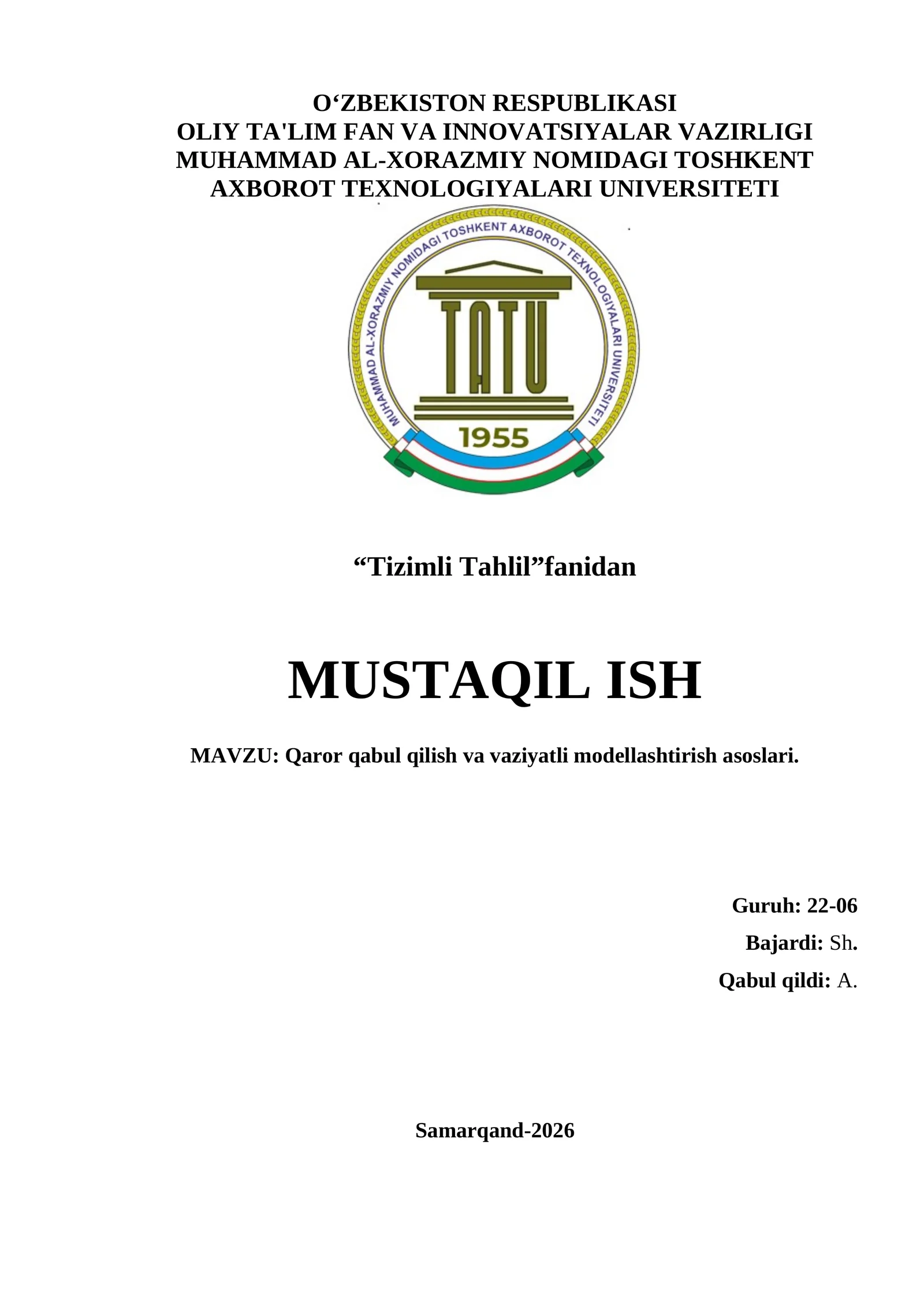 Qaror qabul qilish va vaziyatli modellashtirish asoslari 1. Qaror qabul qilish nazariyasining asoslari. 2. Qaror qabul qilish modellari. 3. Vaziyatli modellashtirish. 4. Matematik usullar va formulalar. 5. Amaliy misollar. 6. Xulosa. 7. Foydalanilgan adabiyotlar.