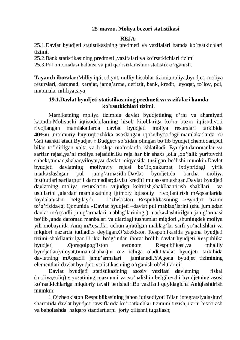 Moliya bozori statistikasi