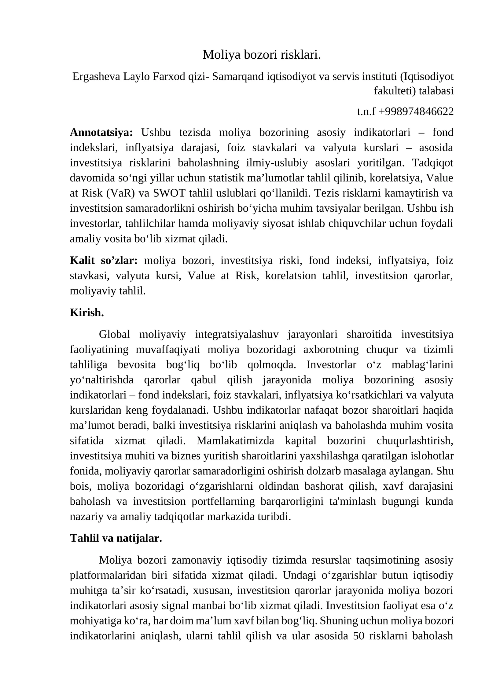 Maqalo: Moliya bozori risklari.