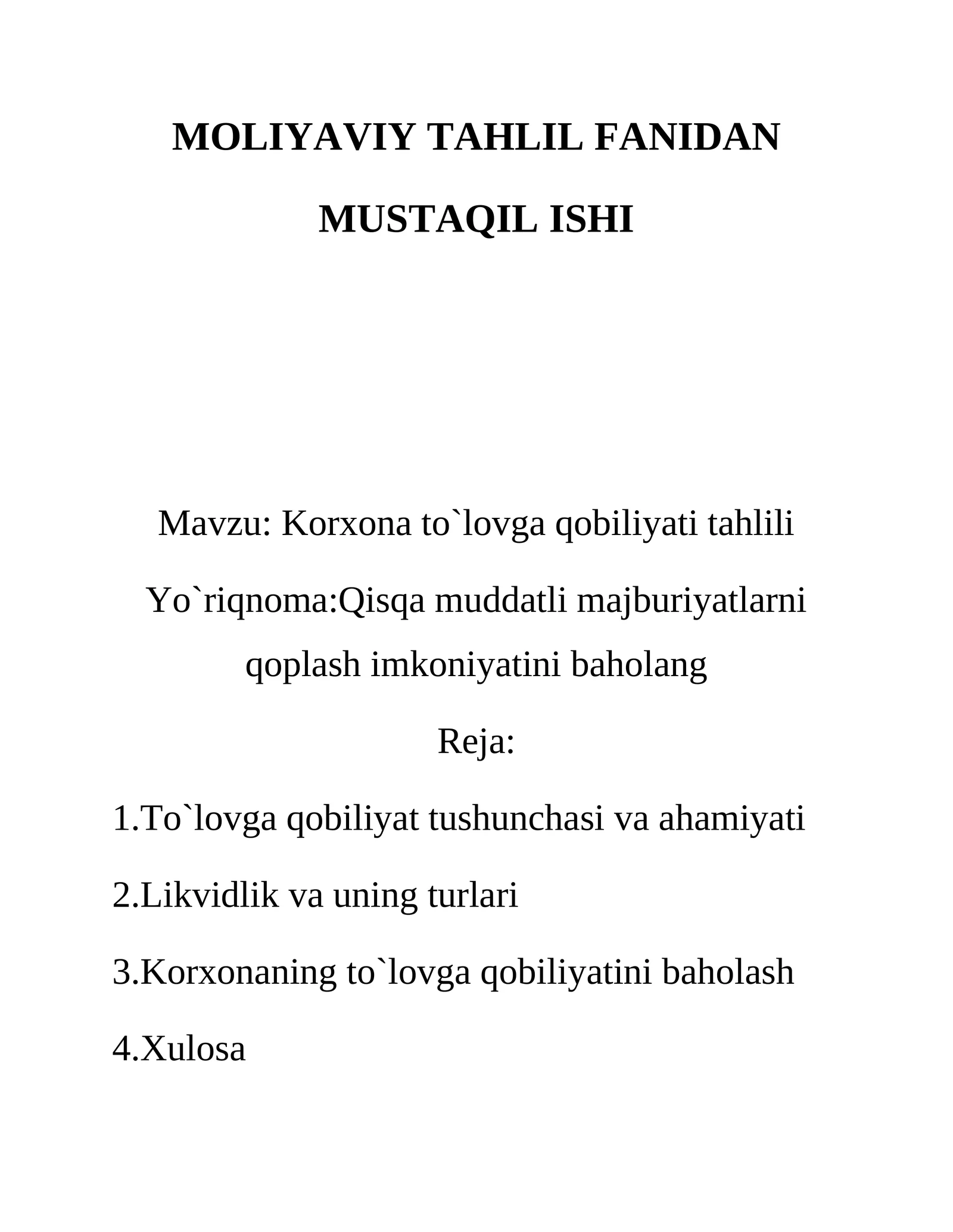 Korxona to`lovga qobiliyati tahlili