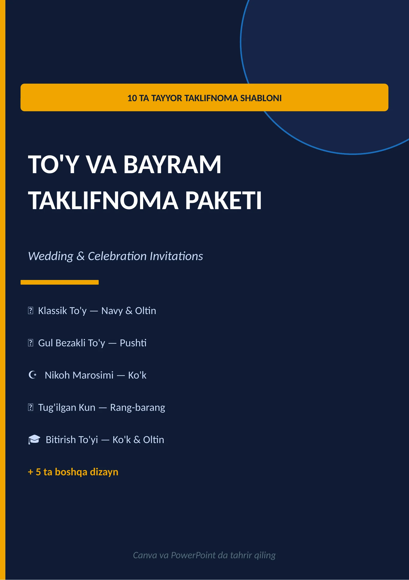To'y va Bayram Taklifnoma Paketi — 10 ta Professional Shablon (PPTX)