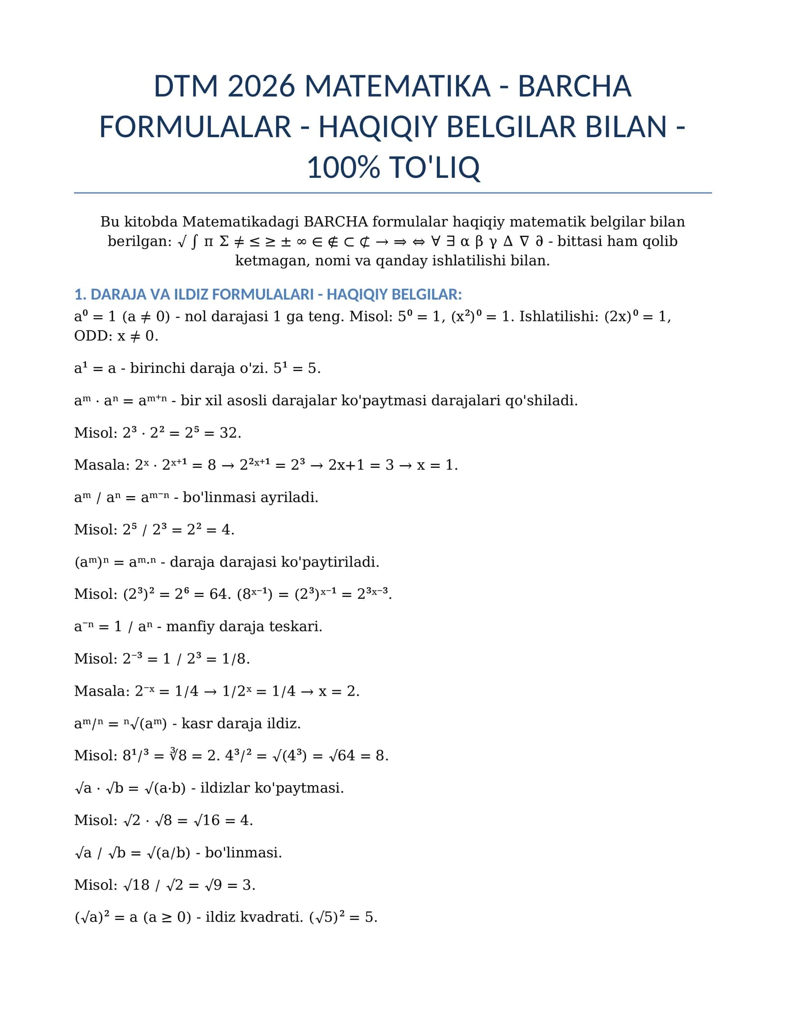 MATEMATIKA - BARCHA FORMULALAR - 100% TO'LIQ